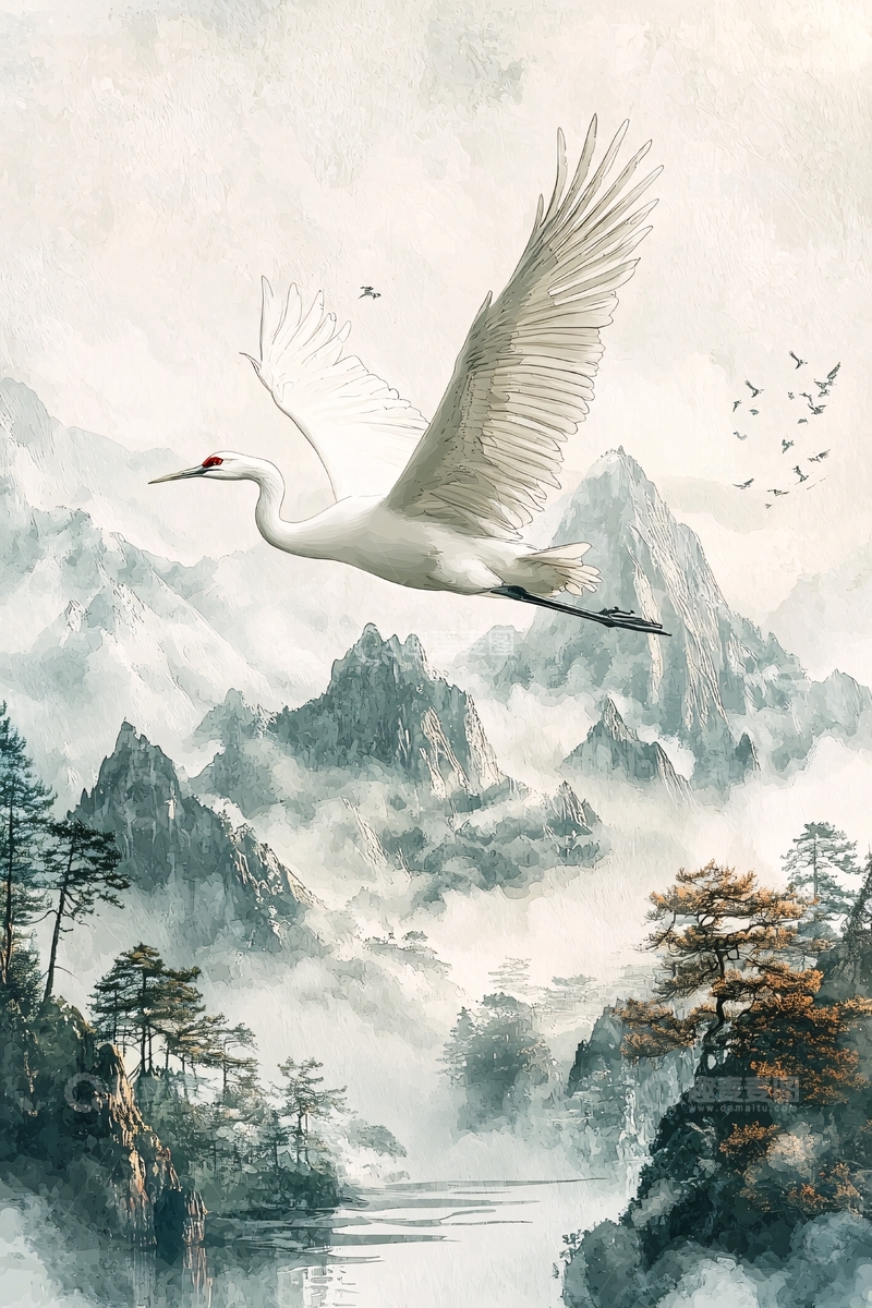 高清大图下载【趣麦麦图】仙鹤飞翔在山水之间