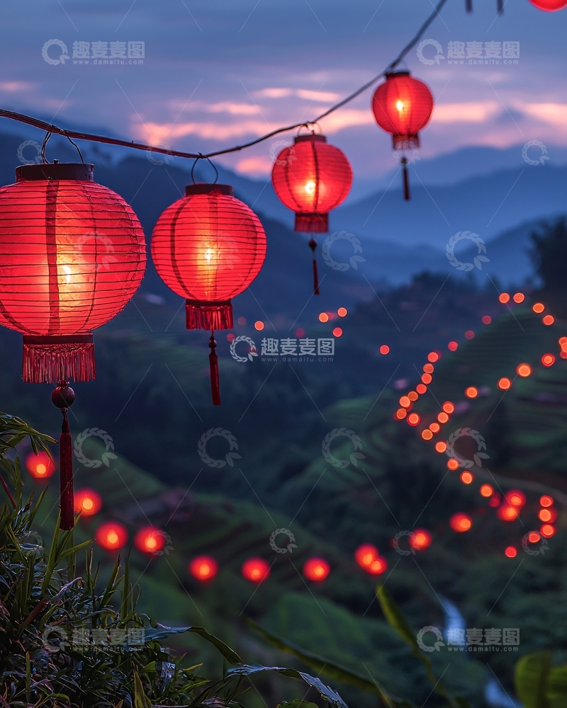 高清大图下载【趣麦麦图】山间红灯笼夜景