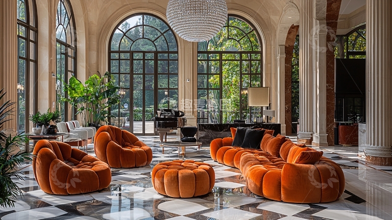 高清大图下载【趣麦麦图】橘色丝绒沙发