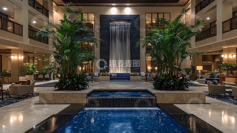 高清大图下载【趣麦麦图】酒店大堂室内瀑布景观