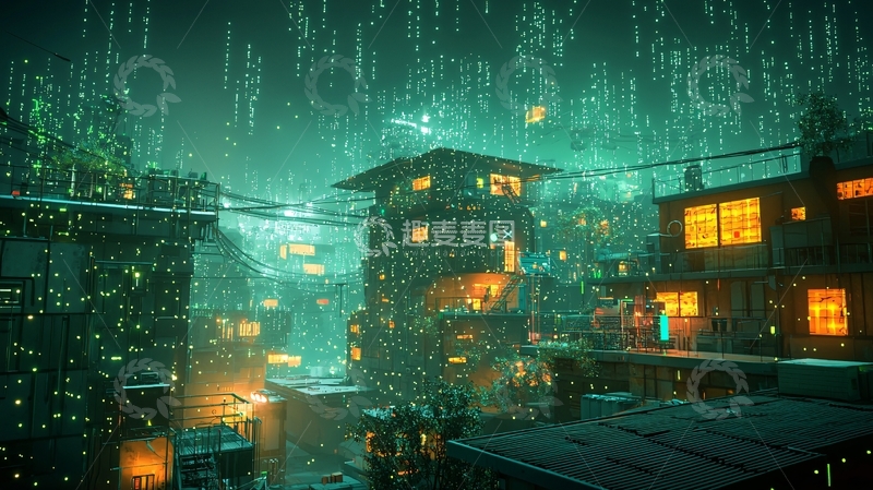 高清大图下载【趣麦麦图】绿光雨夜下的未来都市