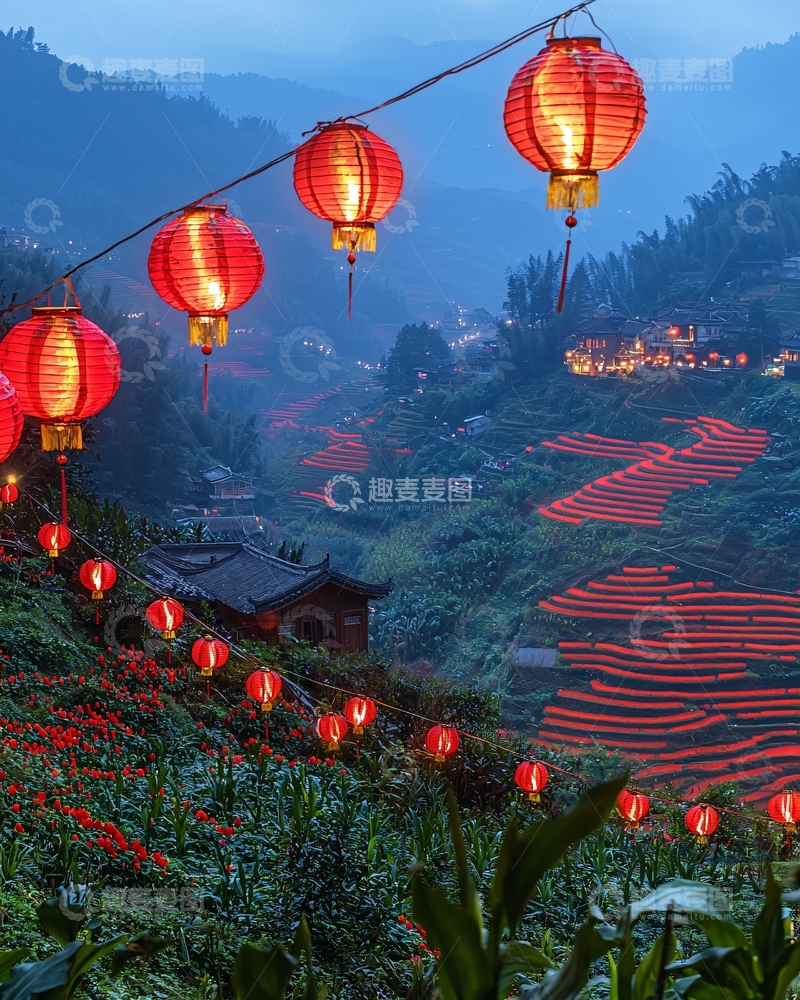 高清大图下载【趣麦麦图】红灯笼点缀山间梯田