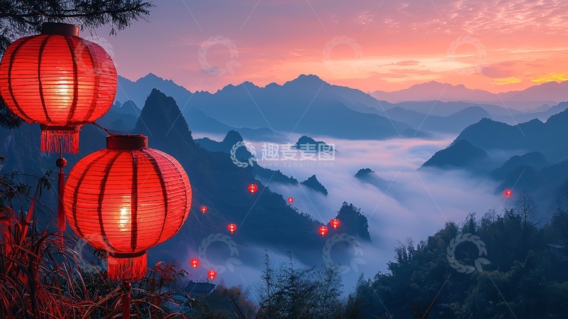 高清大图下载【趣麦麦图】红灯笼下的山水画卷