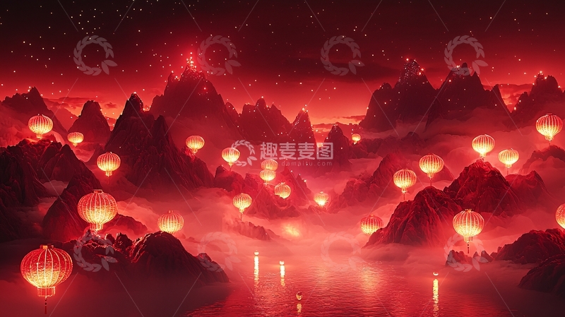 高清大图下载【趣麦麦图】红色山峦灯笼夜景