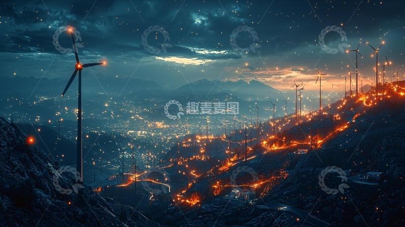 高清大图下载【趣麦麦图】夜幕下的山峦城市风力发电