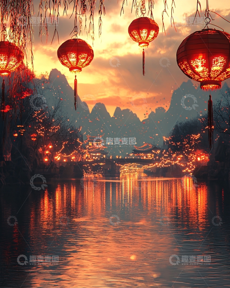 高清大图下载【趣麦麦图】夕阳下古镇红灯笼