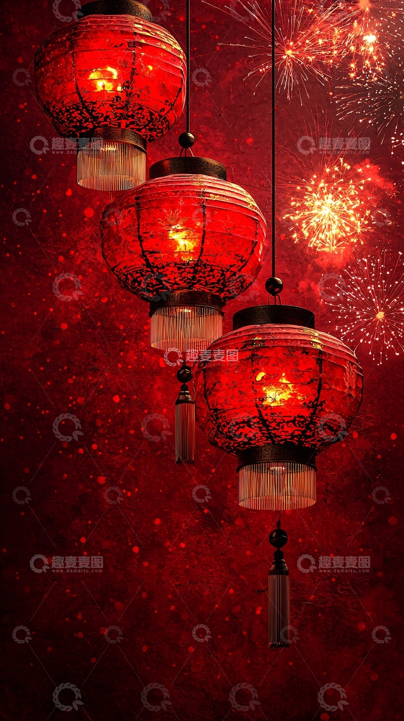 高清大图下载【趣麦麦图】红灯笼新年烟花背景