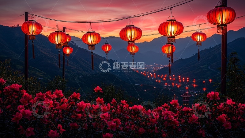高清大图下载【趣麦麦图】山峦红灯笼夜景