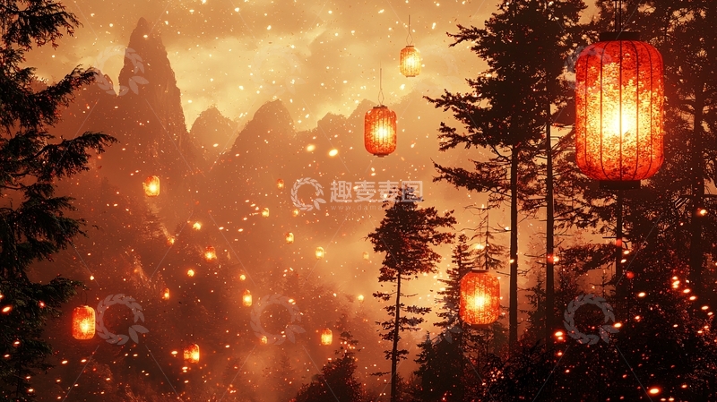 高清大图下载【趣麦麦图】山林夜色灯笼飞舞