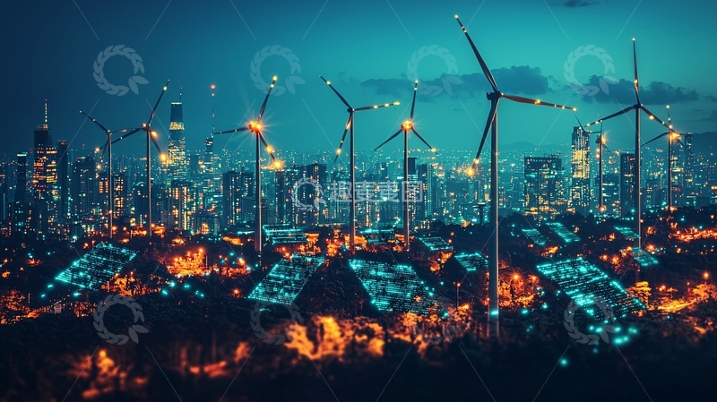 高清大图下载【趣麦麦图】夜景城市风力发电