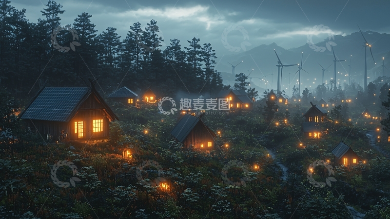 高清大图下载【趣麦麦图】雾气森林山村夜景