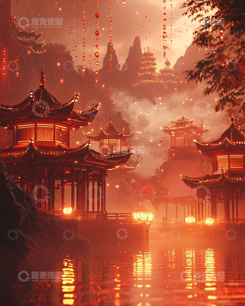 高清大图下载【趣麦麦图】红灯笼山水中国风