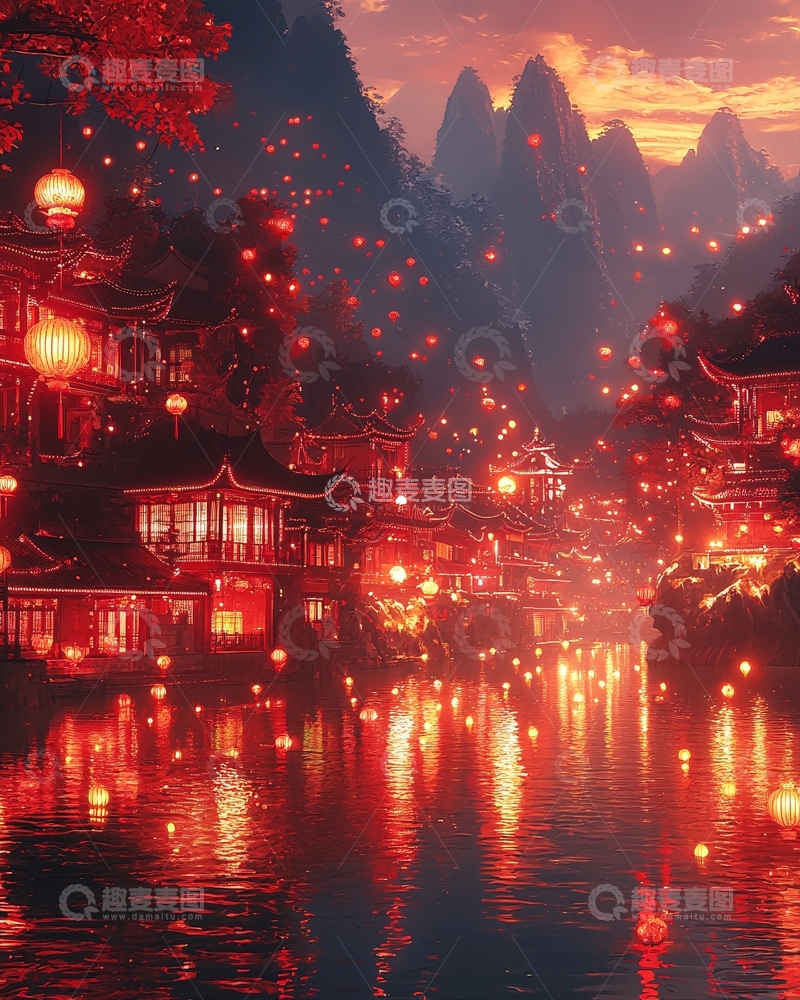 高清大图下载【趣麦麦图】红灯笼下的古镇夜景