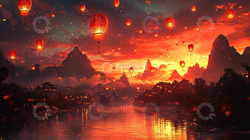 高清大图下载【趣麦麦图】夜空红灯笼飞跃山峦