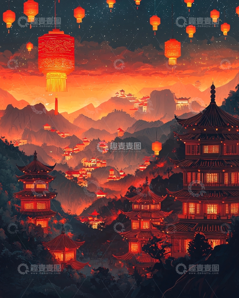 高清大图下载【趣麦麦图】山间古镇夜景红灯笼