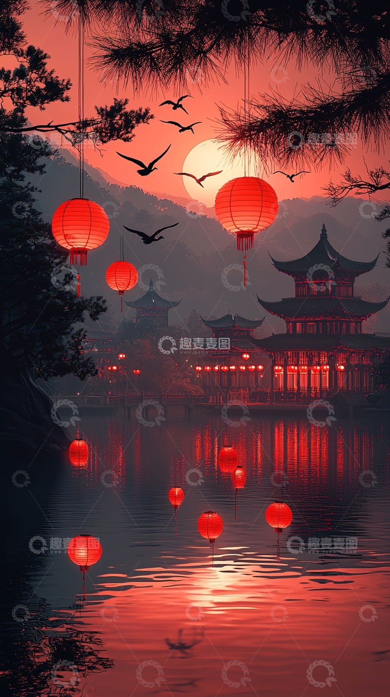 高清大图下载【趣麦麦图】红日下的中式建筑与红灯笼