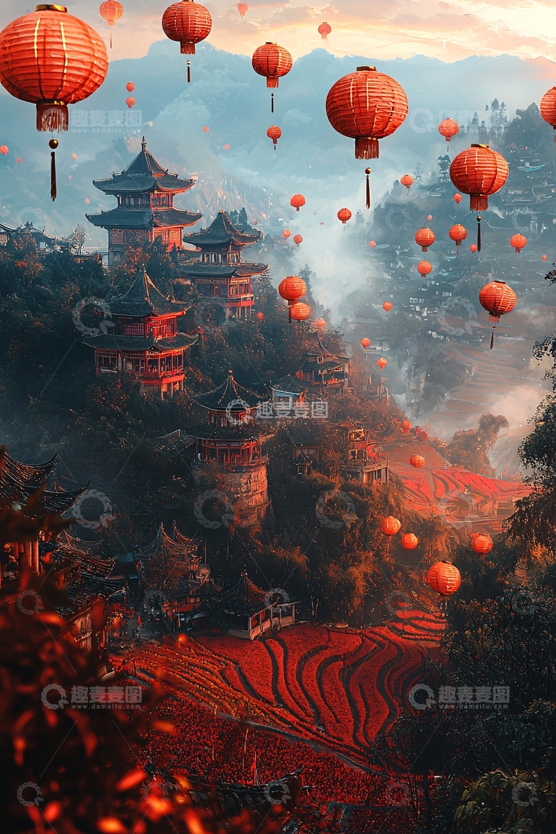 高清大图下载【趣麦麦图】红灯笼飞舞山间古寺
