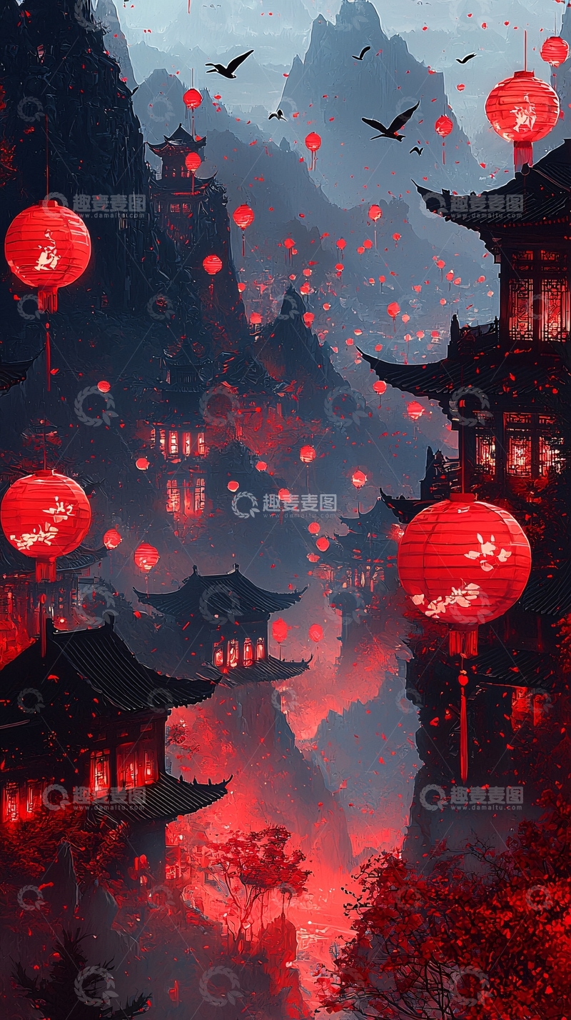 高清大图下载【趣麦麦图】红灯笼山间小镇