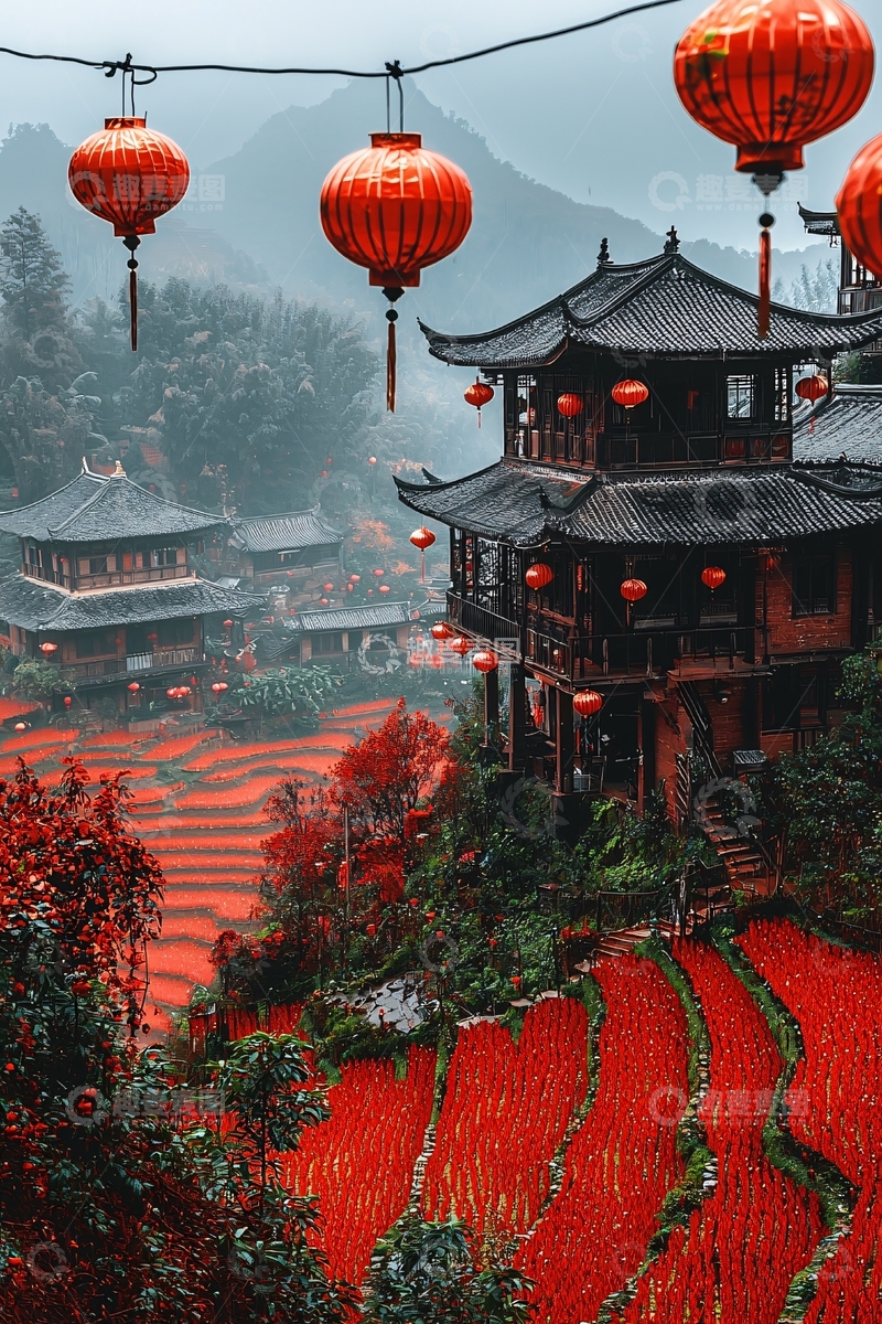 高清大图下载【趣麦麦图】中国风建筑挂灯笼
