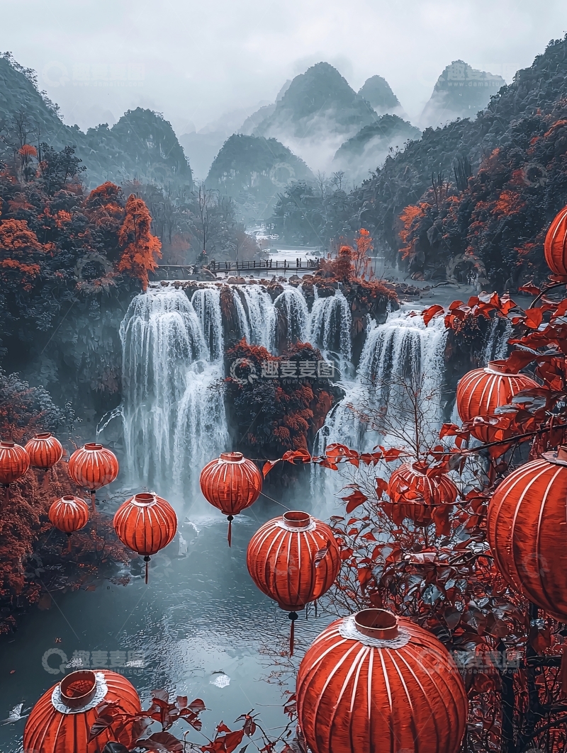 高清大图下载【趣麦麦图】雾气缭绕的山间瀑布