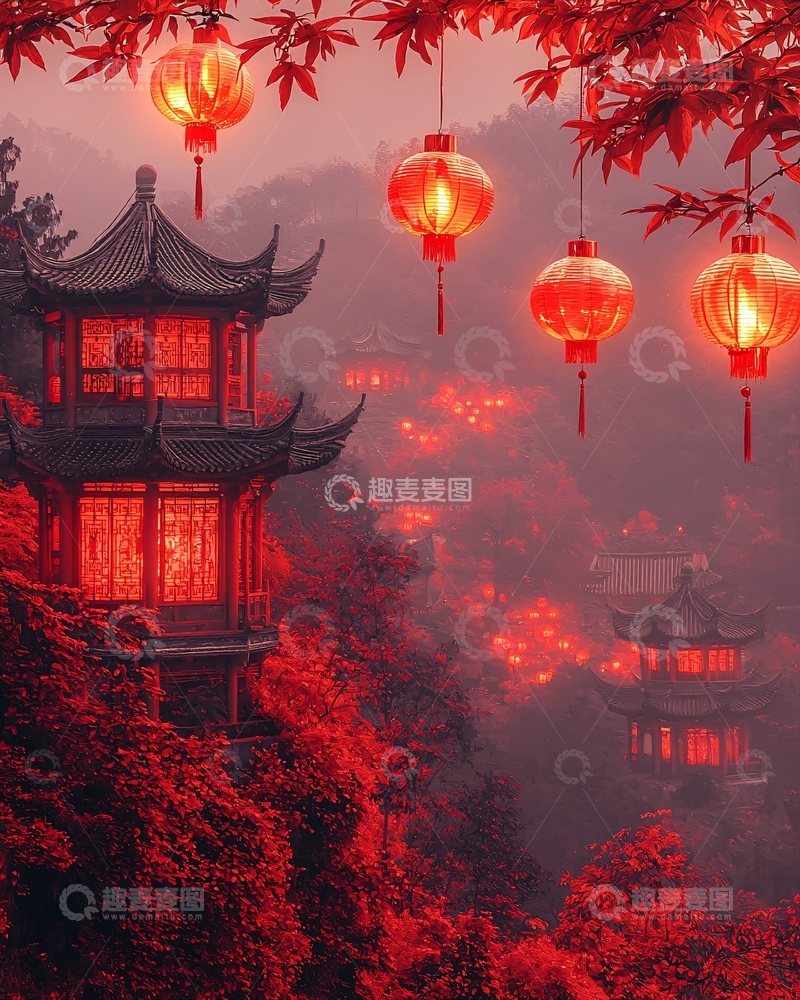 高清大图下载【趣麦麦图】红灯笼中国古建筑夜景