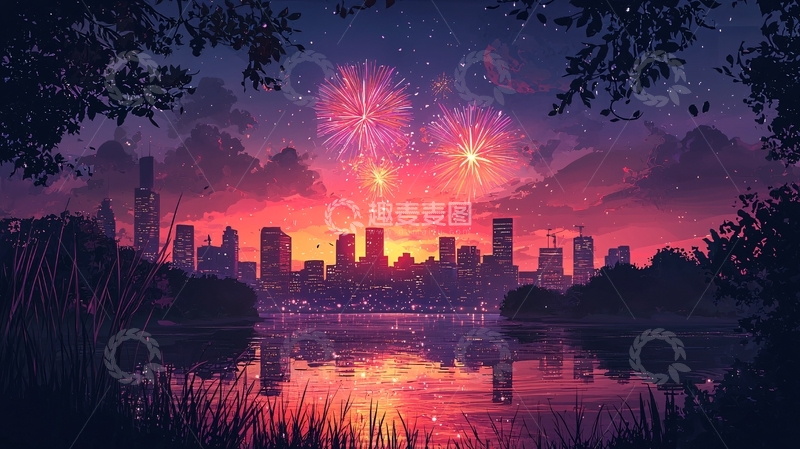 高清大图下载【趣麦麦图】夜空城市烟火秀