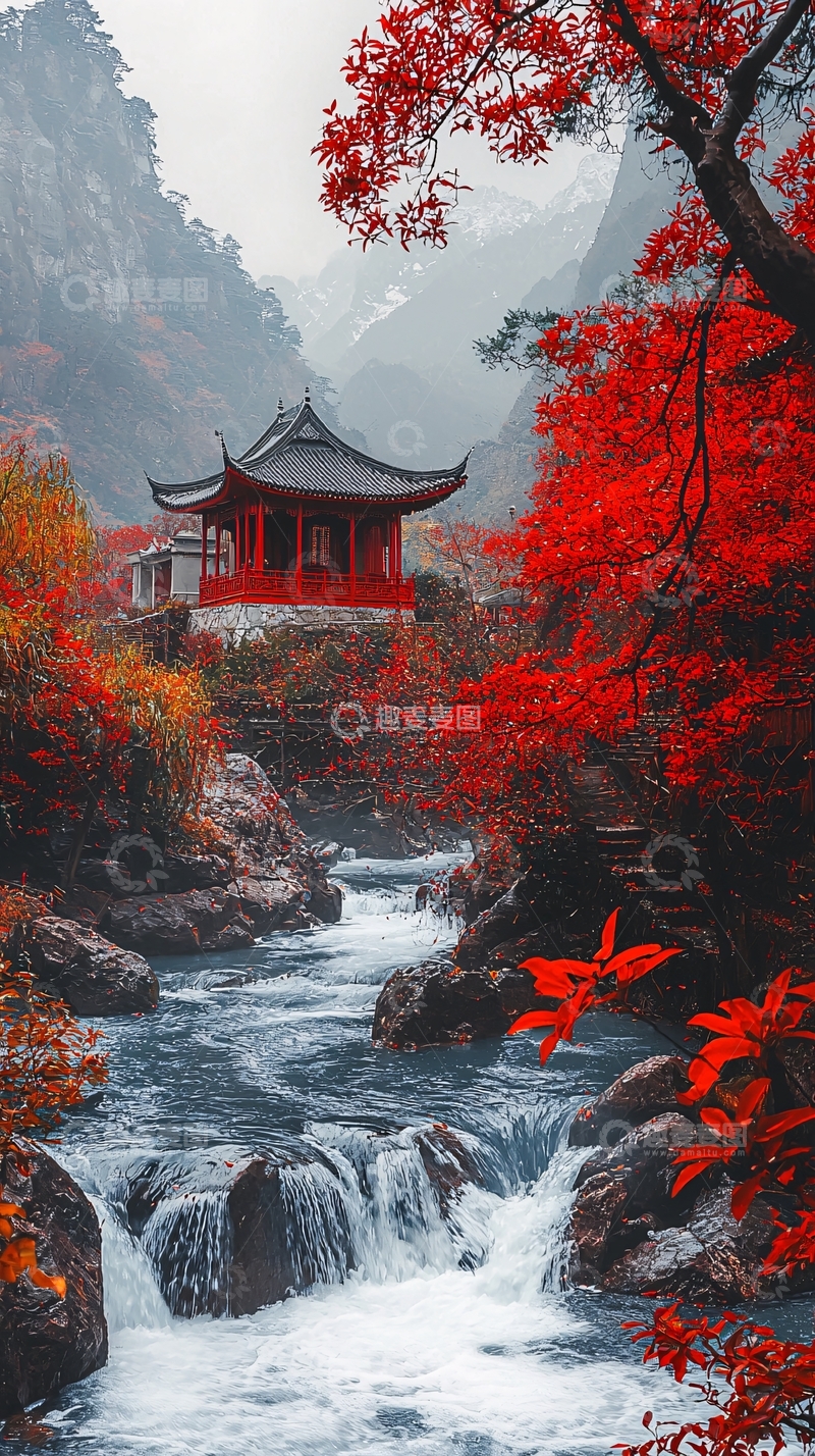 高清大图下载【趣麦麦图】秋日红枫古寺山溪