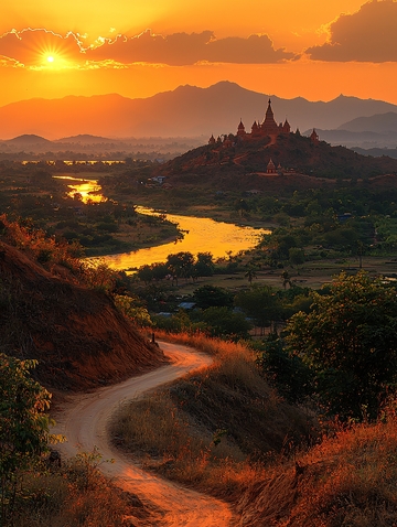 夕阳下的古城全景图