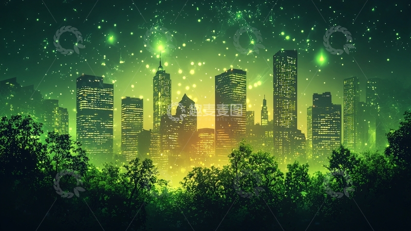 高清大图下载【趣麦麦图】绿色梦幻都市夜景