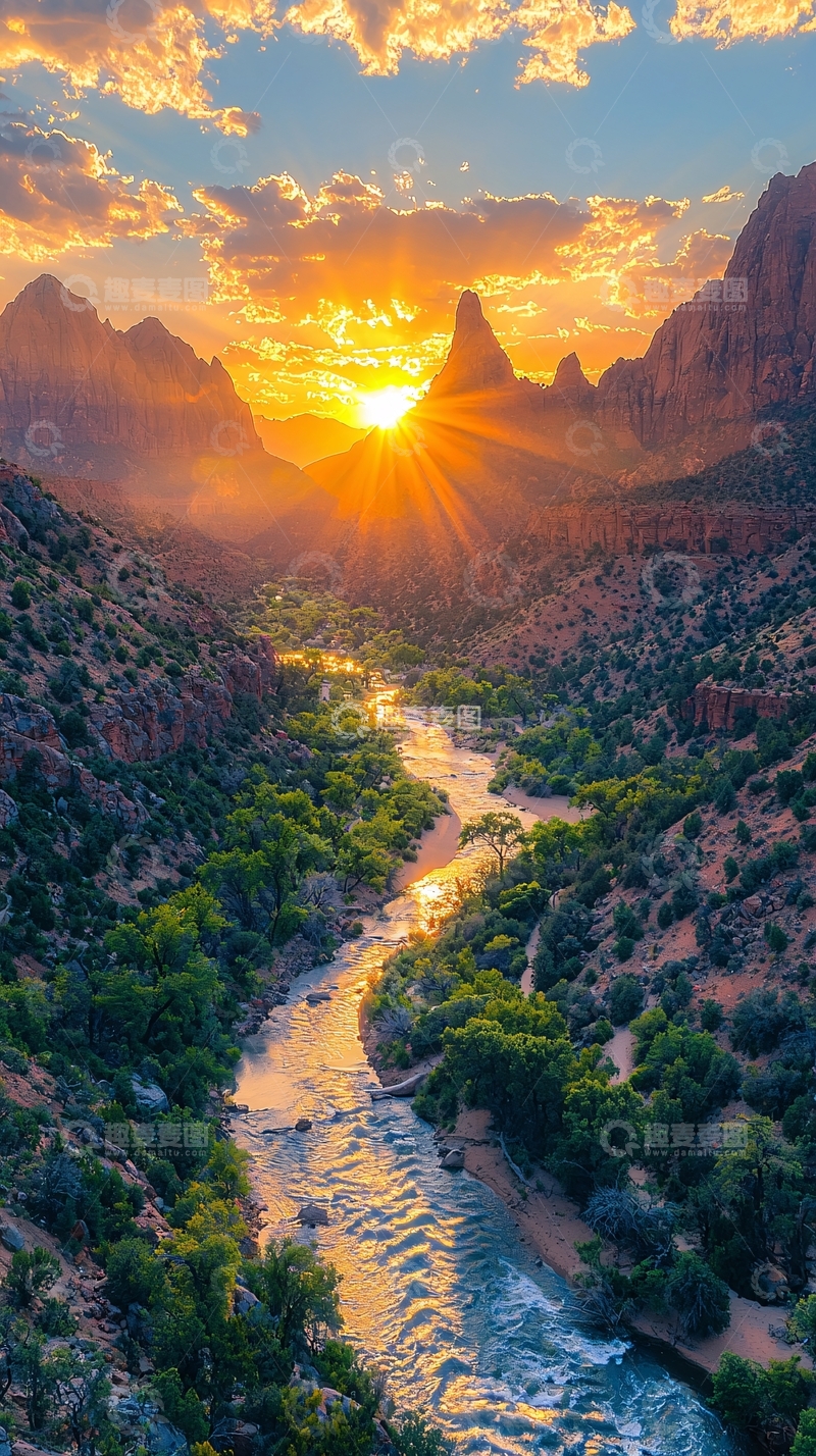 高清大图下载【趣麦麦图】峡谷日落河流