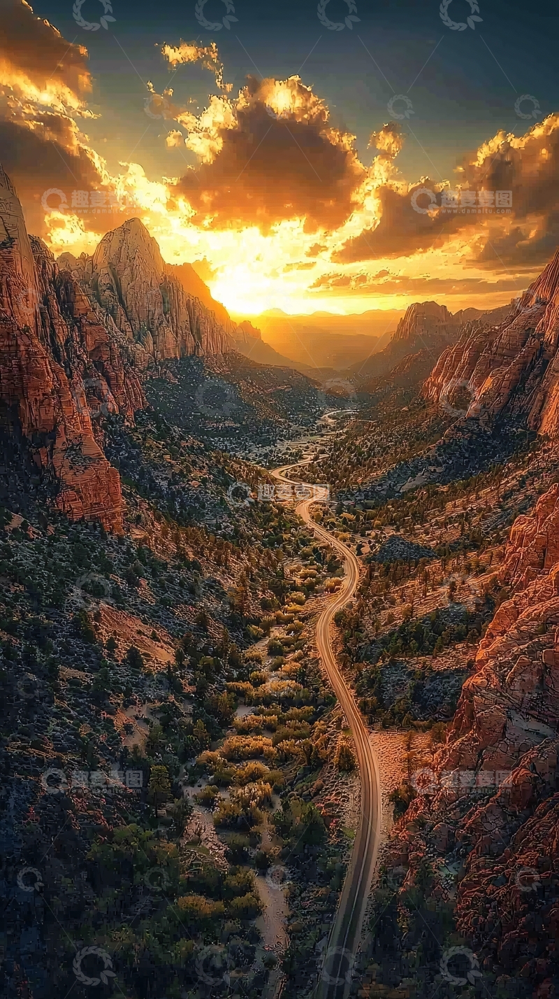 高清大图下载【趣麦麦图】峡谷落日公路风景