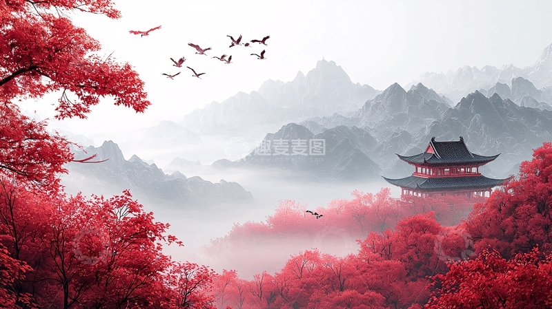 高清大图下载【趣麦麦图】红枫山峦水墨画