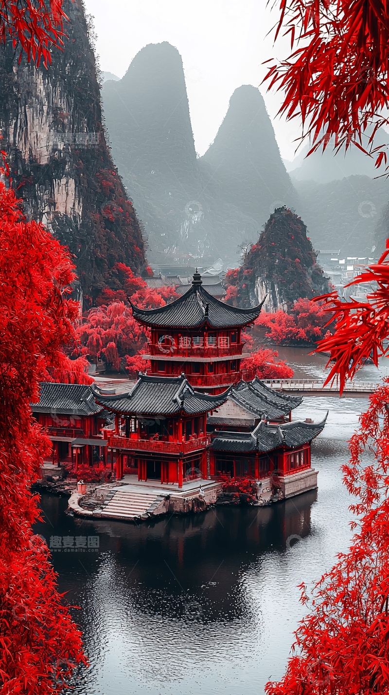 高清大图下载【趣麦麦图】红枫古寺山水画