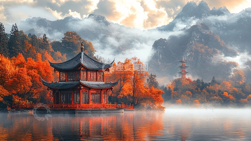 高清大图下载【趣麦麦图】秋日山间古色古香的亭台