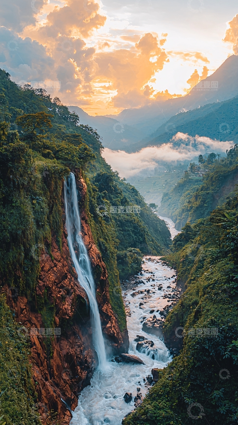 高清大图下载【趣麦麦图】山谷瀑布日落景色