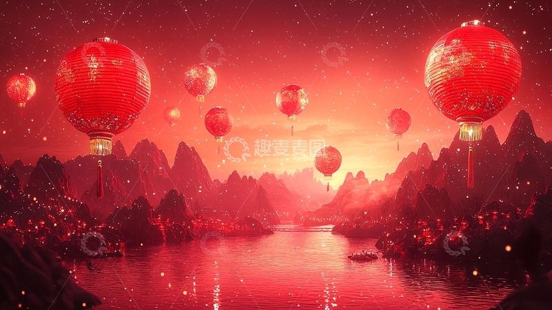 高清大图下载【趣麦麦图】红色灯笼点缀山水景色
