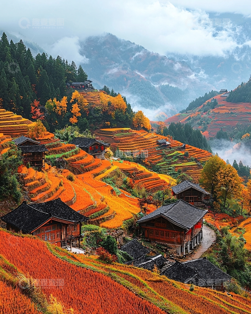 高清大图下载【趣麦麦图】秋日梯田村庄