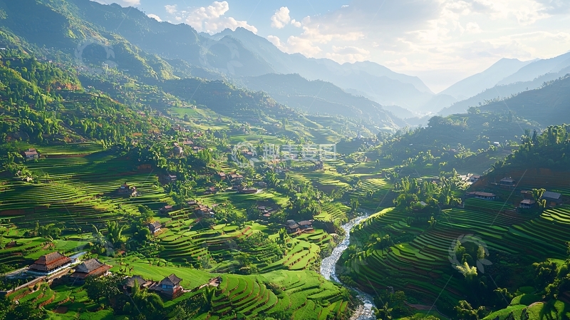 高清大图下载【趣麦麦图】山峦叠嶂的绿色梯田