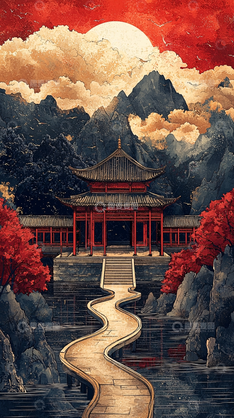 高清大图下载【趣麦麦图】红色古建筑山水画