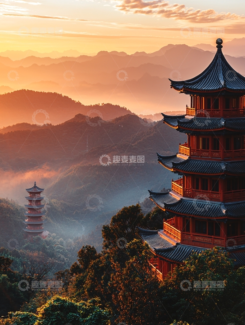 高清大图下载【趣麦麦图】中国古风山顶佛塔日出