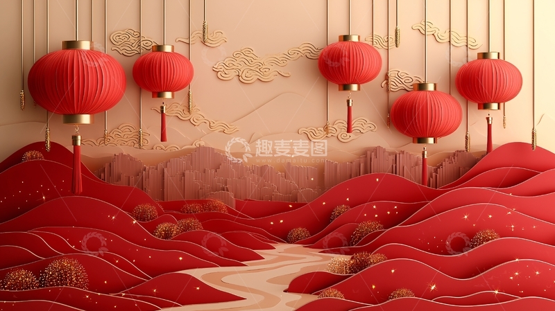 高清大图下载【趣麦麦图】红色灯笼山水画喜庆场景