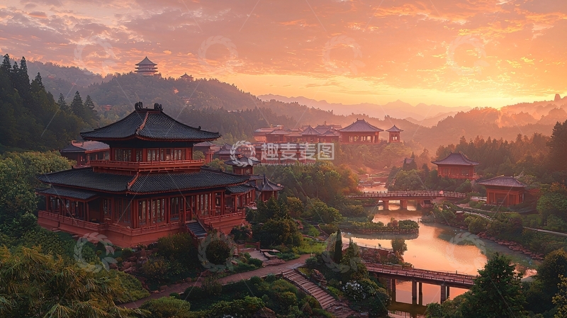 高清大图下载【趣麦麦图】清晨山峦古建