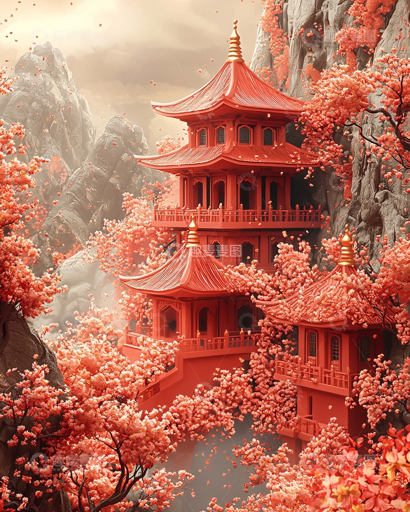 高清大图下载【趣麦麦图】红枫山间古色古香寺庙