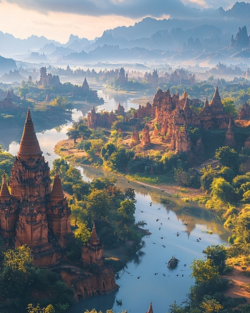 清晨薄雾笼罩下的古城