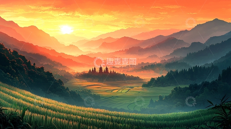 高清大图下载【趣麦麦图】日出山峦梯田美景