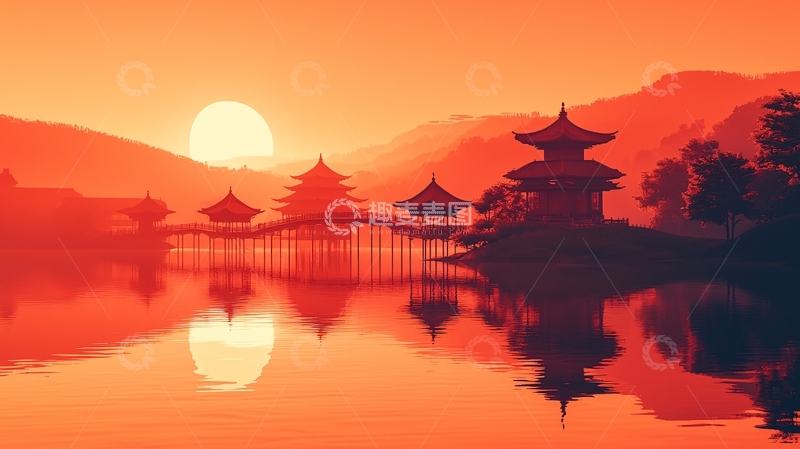 高清大图下载【趣麦麦图】日落余晖下的中式建筑