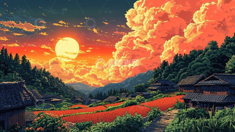 高清大图下载【趣麦麦图】像素风日落山村
