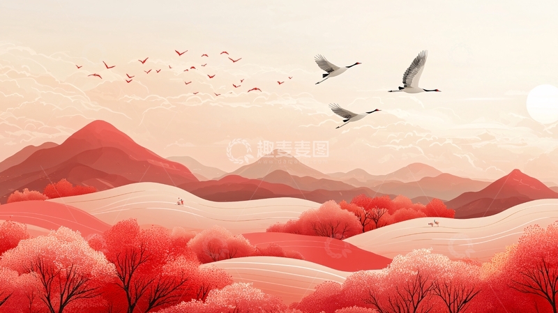 高清大图下载【趣麦麦图】红色山水飞鹤意境图
