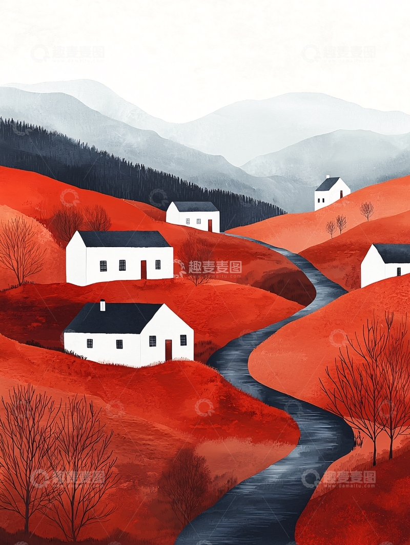 高清大图下载【趣麦麦图】红山白屋田园风光