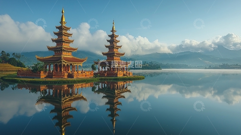 高清大图下载【趣麦麦图】湖中倒影的双塔